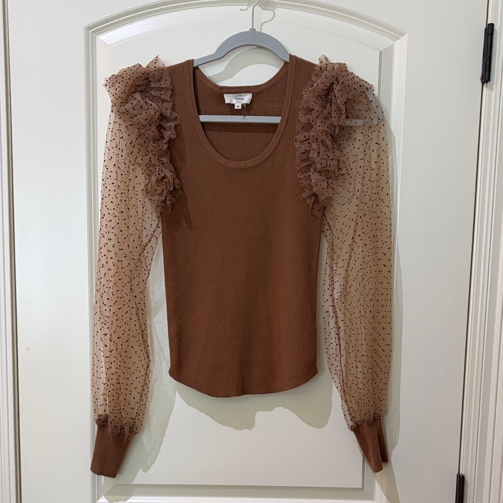 entro Brown Mesh Ruffle Sleeve Ribbed Top